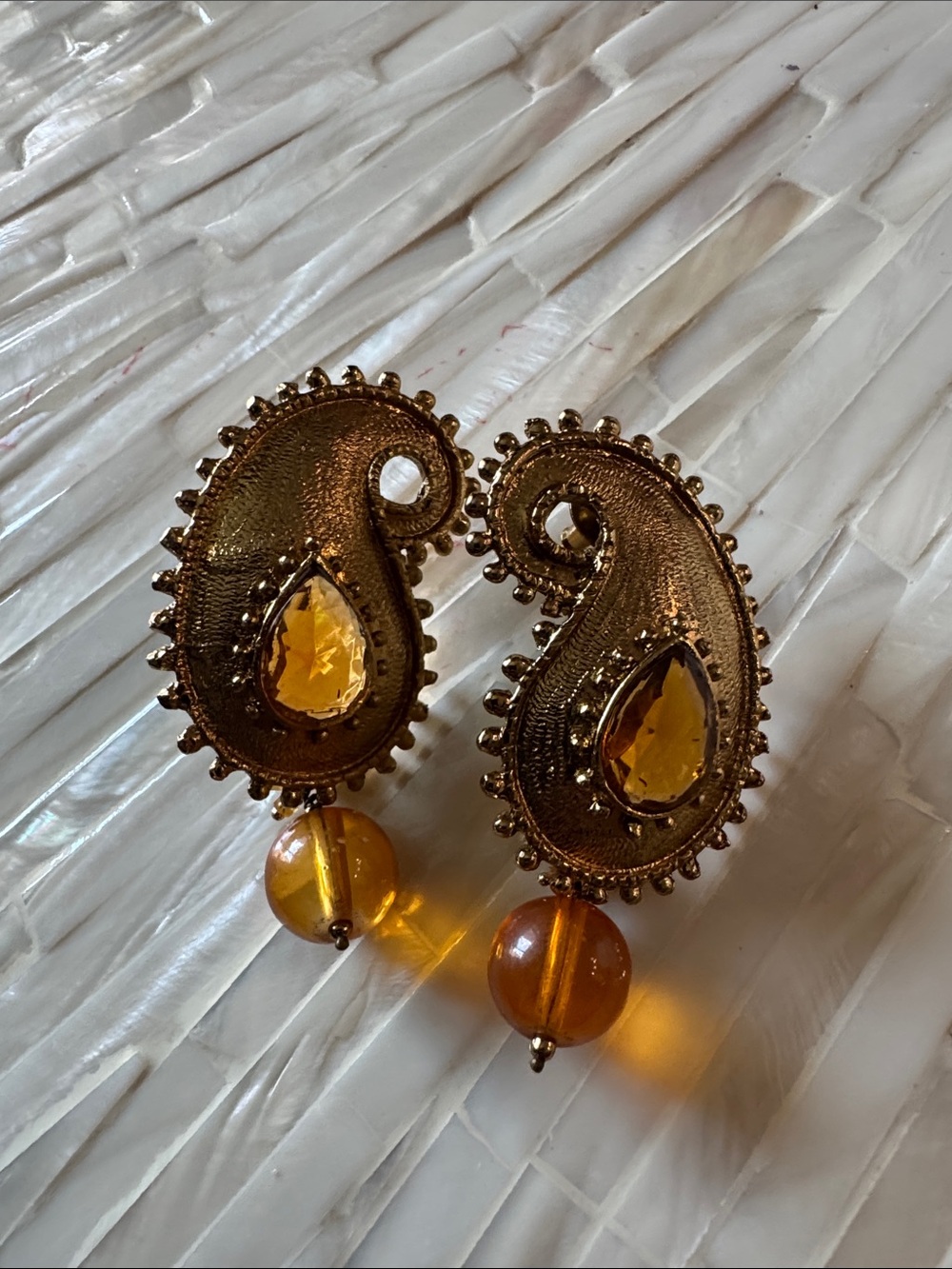 Gold Paisley Drop Earrings with Amber Gemstones